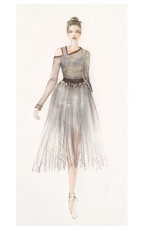 A sketch of a ballet dancer in a black sheer costume. The black tutu is knee length and the top is asymmetrical with one shoulder exposed